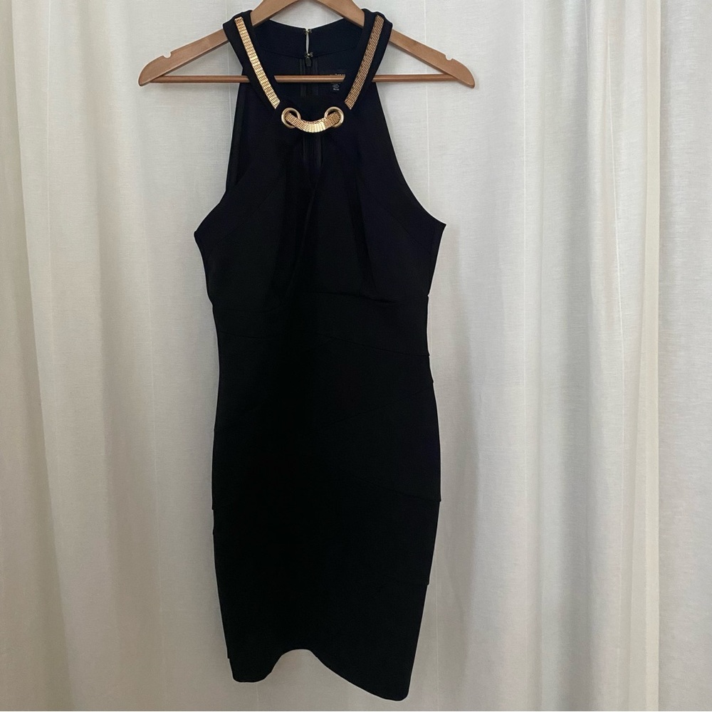LE CHATEAU Elegant Black Halter Dress With Gold Detail Sz M